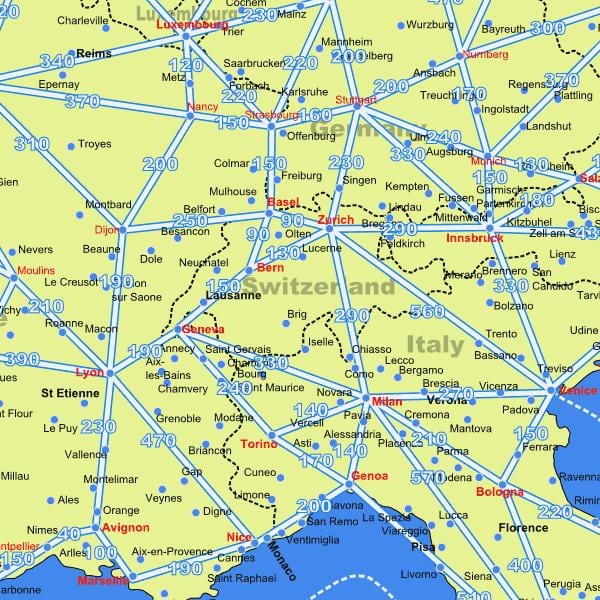 карта Швейцарыі карта з адлегласцямі