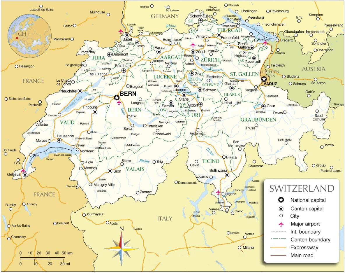 карта Швейцарыі