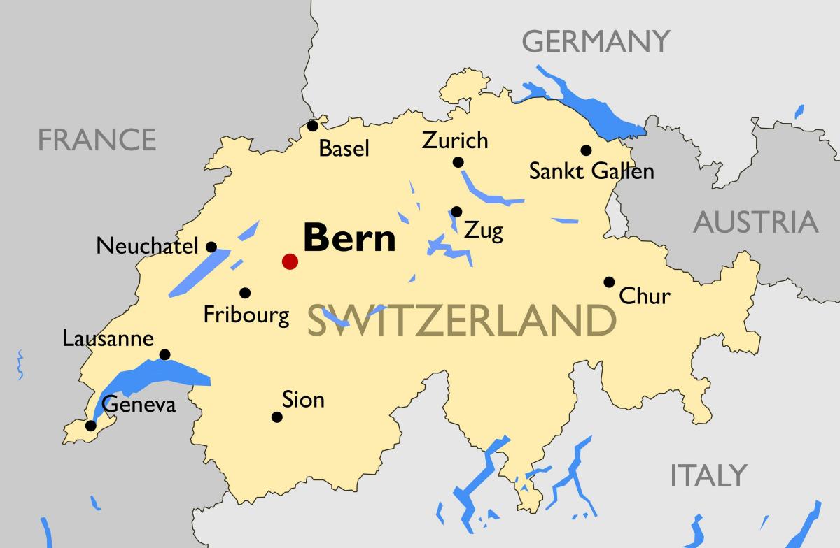 карта Швейцарыі з буйных гарадоў