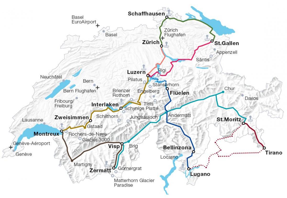 Швейцарыя чыгуначнага маршрут на карце