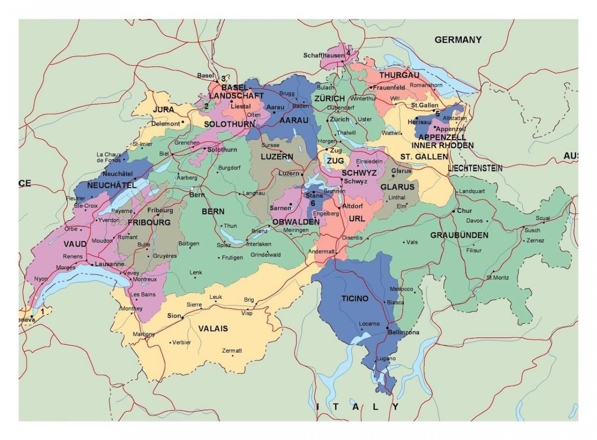 карта Швейцарыі з гарадамі