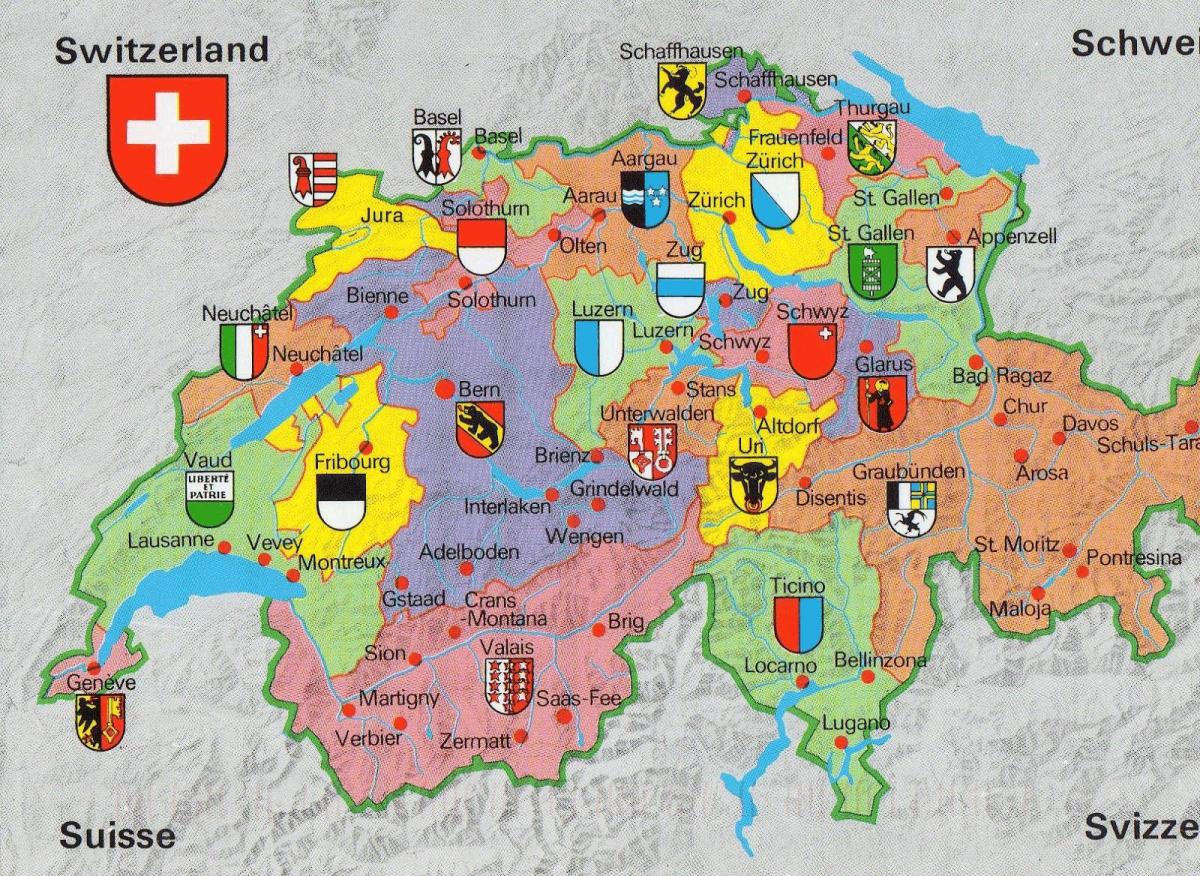 карта Швейцарыі з славутасцямі