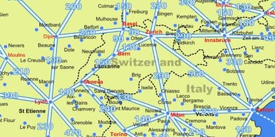 Карта Швейцарыі карта з адлегласцямі